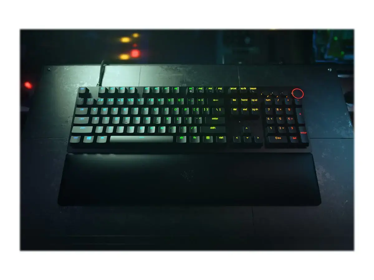 "Razer Huntsman V2" optinė žaidimų klaviatūra su RGB LED apšvietimu, šiaurietiškas išdėstymas, laidinė, juoda, "Clicky Purple" jungiklis, skaitmeninė klaviatūra
