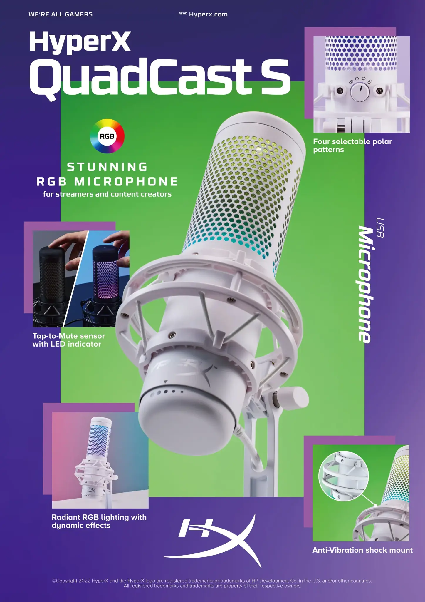 "HyperX QuadCast S", -36 dB, 0,05 %, 32 Ω, 90 dB, visakryptis, laidinis