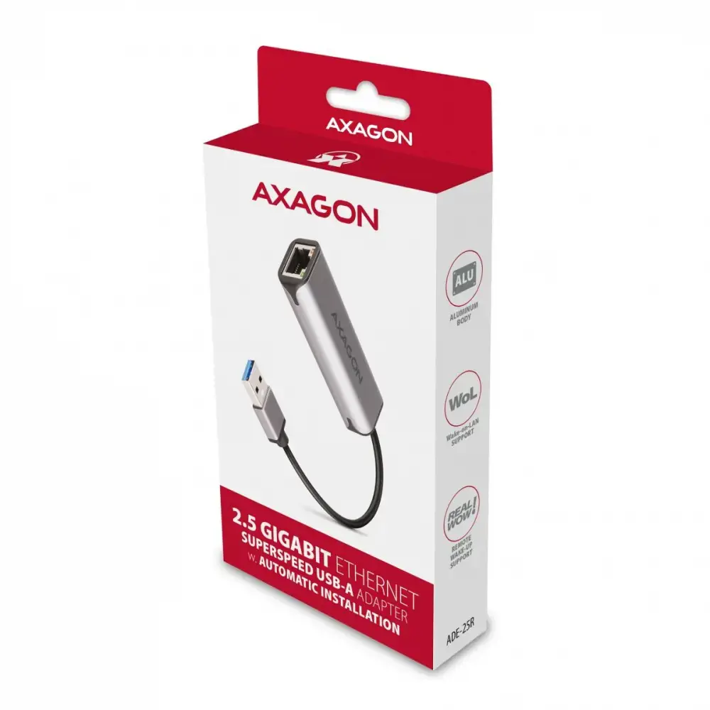 Axagon ADE-25R SUPERSPEED USB-A 2.5 GIGABIT ETHERNETKompaktiškas aliuminio USB-A 3.2 Gen 1 2.5 Gigabit Ethernet 10/100/1000/2500 Mbps adapteris su automatiniu diegimu.
