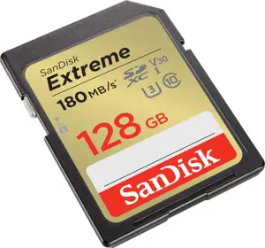 "SanDisk Extreme" 128 GB SDXC atminties kortelė + 1 metų "RescuePRO Deluxe" iki 180MB/s ir 90MB/s skaitymo/rašymo greitis, UHS-I, 10 klasė, U3, V30; EAN:619659188863