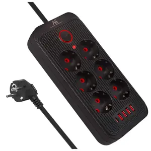 Maclean power strip, 6 socket extension + 4xUSB, 110-240V AC 50/60Hz, 2.1A max 2500W, 1.5 m, black,…