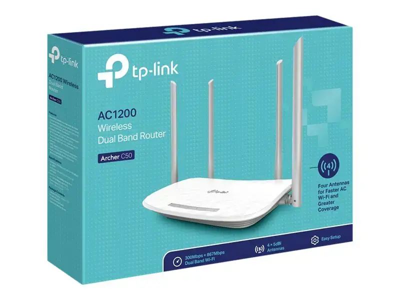 TP-Link Archer C50, "Wi-Fi 5" (802.11ac), dviejų dažnių (2,4 GHz / 5 GHz), Ethernet LAN, 4G, baltas, stalinis maršrutizatorius