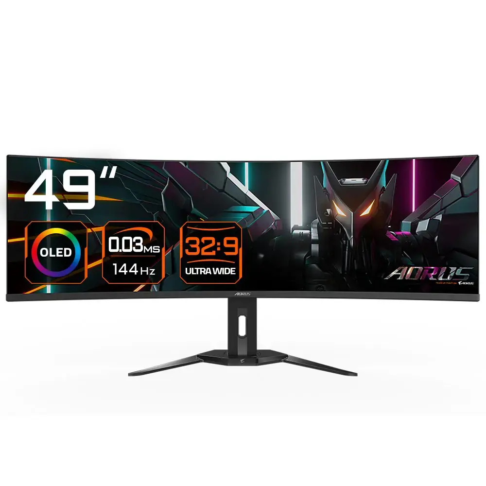 GIGABYTE AORUS CO49DQ OLED Curved Gaming Monitor - 5120x1440(DQHD), 1800R, 144Hz, 0.03ms, KVM, FreeSync Premium Pro, HDMI 2.1, 124.5 cm (49"), 5120 x 1440 pixels, DQHD, OLED, 0.03 ms, Black
