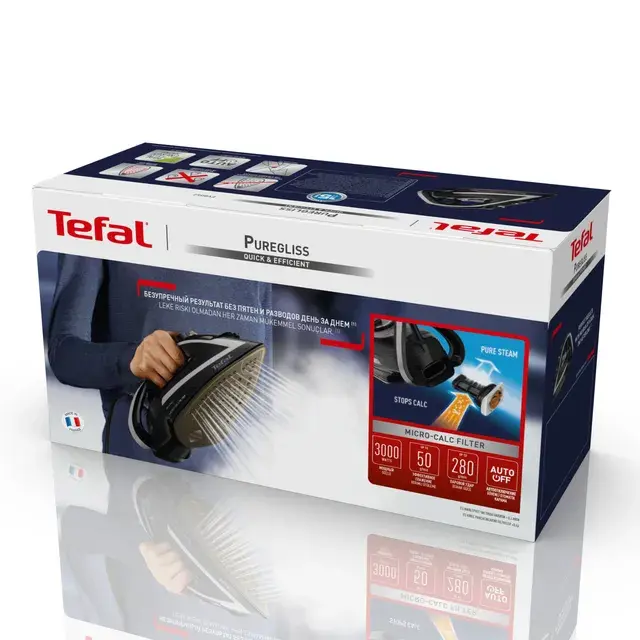 Tefal Puregliss FV8062E0, Dry & Steam iron, Durilium AirGlide Autoclean soleplate, 2 m, 270 g/min, Black, Grey, 50 g/min