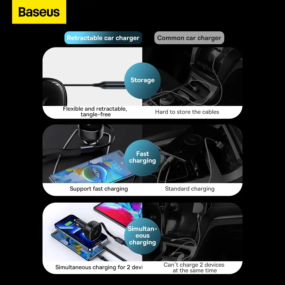 Baseus Enjoyment Car Charger with cable USB-C + Lightning 3A, 30W (Black)