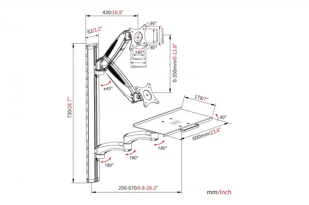 Viena sieninė rankena 1xLCD + klaviatūra, maks. 32 colių ir 8 kg pakreipimas ir pasukimas 360° (PIVOT)