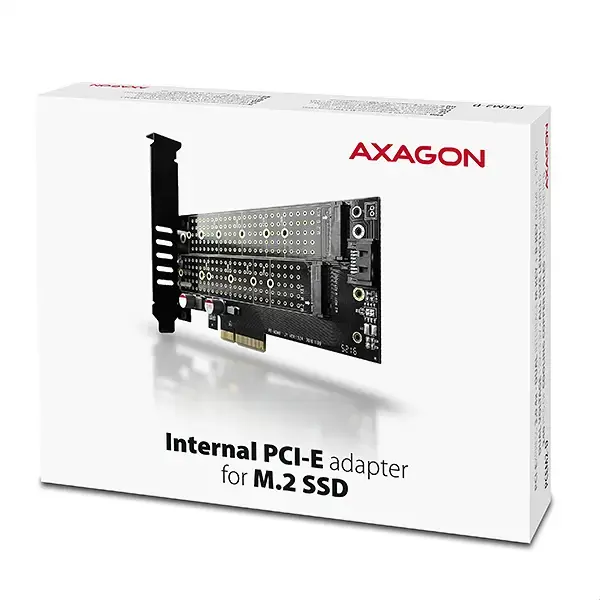AXAGON PCEM2-D PCI-E 3.0 4x - DUAL M.2 SSD (NVMe + SATA), dviguba įtampa, iki 110 mm SSD