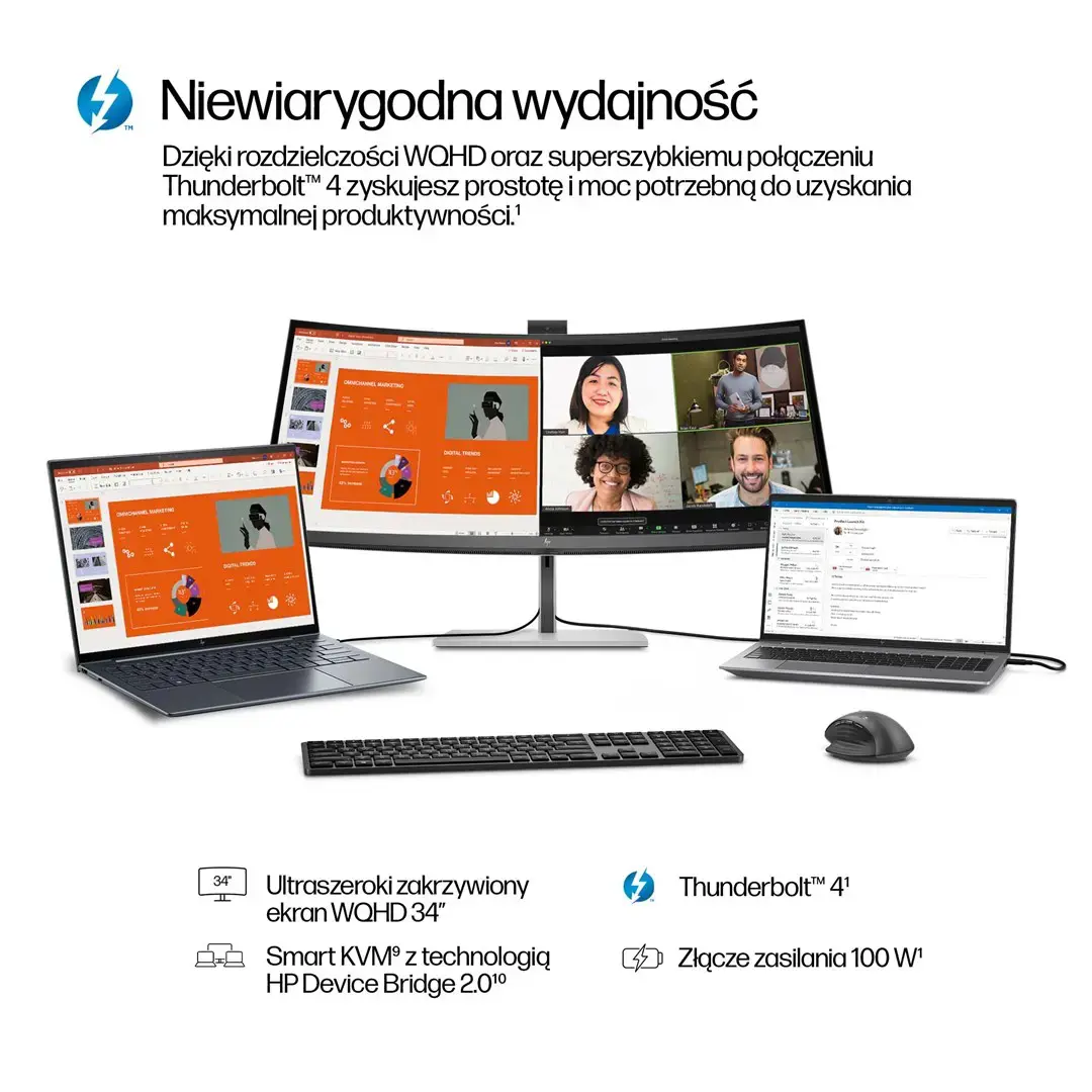 HP 734pm Series 7 Pro Curved Conferencing Monitor - 34" 3440x1440 WQHD 400-nit 120Hz AG, Curved, IPS HDR, USB-C(100W/65W/15W)/HDMI/DisplayPort Daisy-Chain, 5x USB-A, speakers, 5MP webcam, RJ-45 LAN, height adjustable/tilt/swivel, 3 years