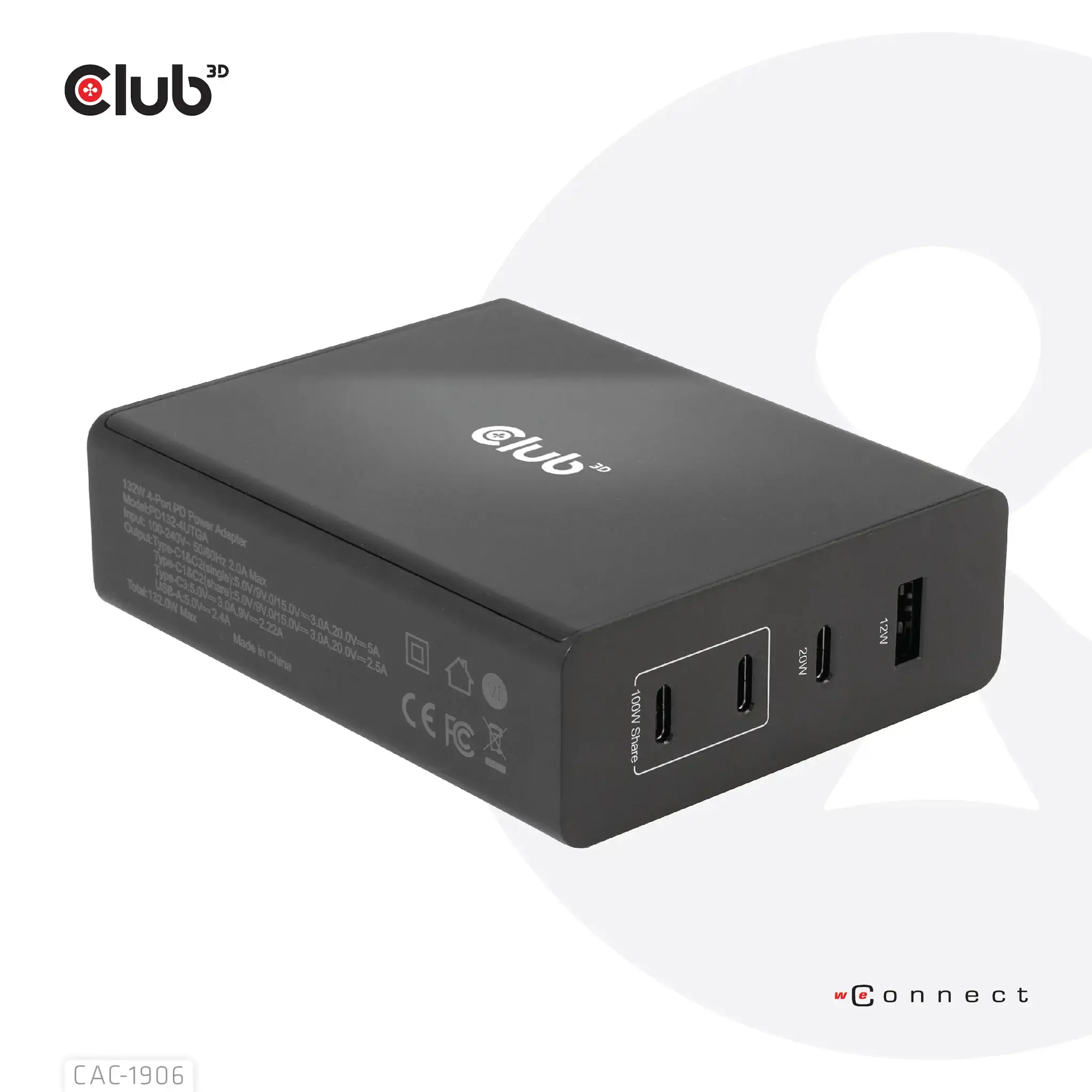 CLUB3D Travel Charger 132W GAN technology, Four port USB Type-A and -C, Power Delivery(PD) 3.0 Support, Indoor, DC, Black