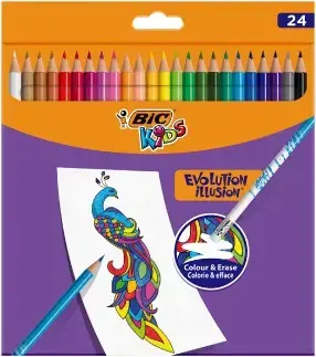 BIC spalvoti pieštukai su trintuku Kids Evolution Illusion, 24 spalvų rinkinys