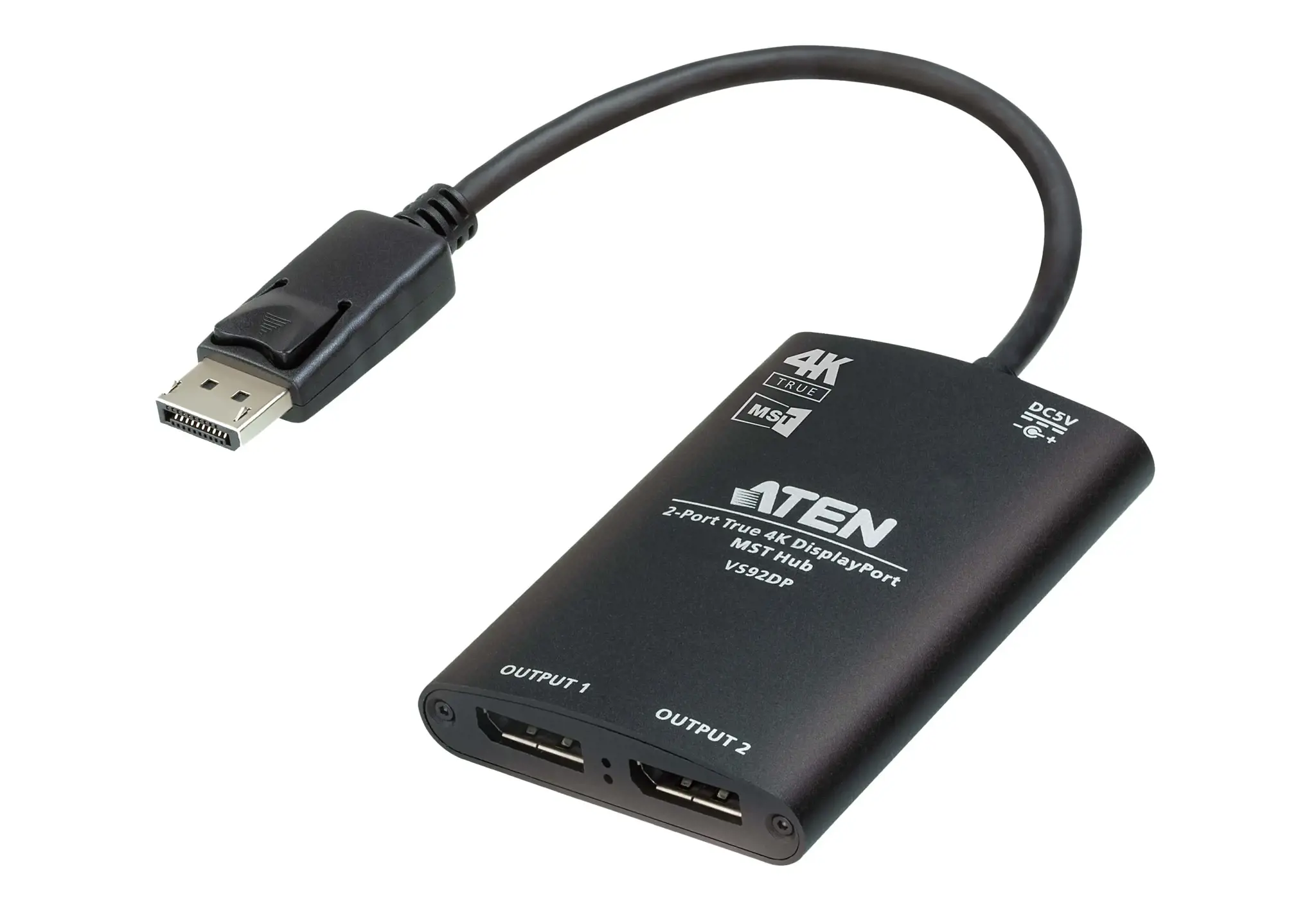ATEN 2 prievadų "True 4K DisplayPort MST" šakotuvas, DisplayPort, 2x DisplayPort, 3840 x 2160 taškų, juodas, aliuminis, 4K Ultra HD