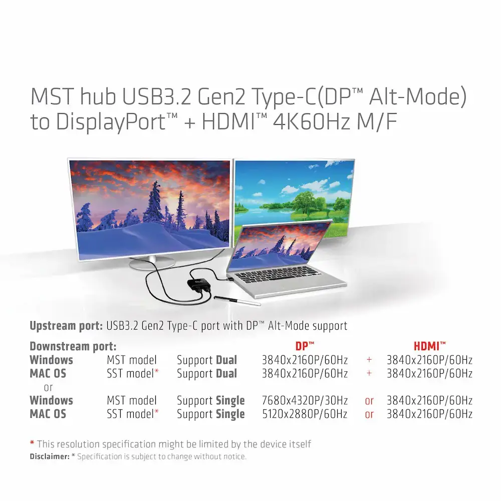 CLUB3D MST hub USB3.2 Gen2 Type-C(DP Alt-Mode) to DisplayPort + HDMI 4K60Hz M/F, 3840 x 2160, 2160p, Black, Box, Windows 10, 62 mm