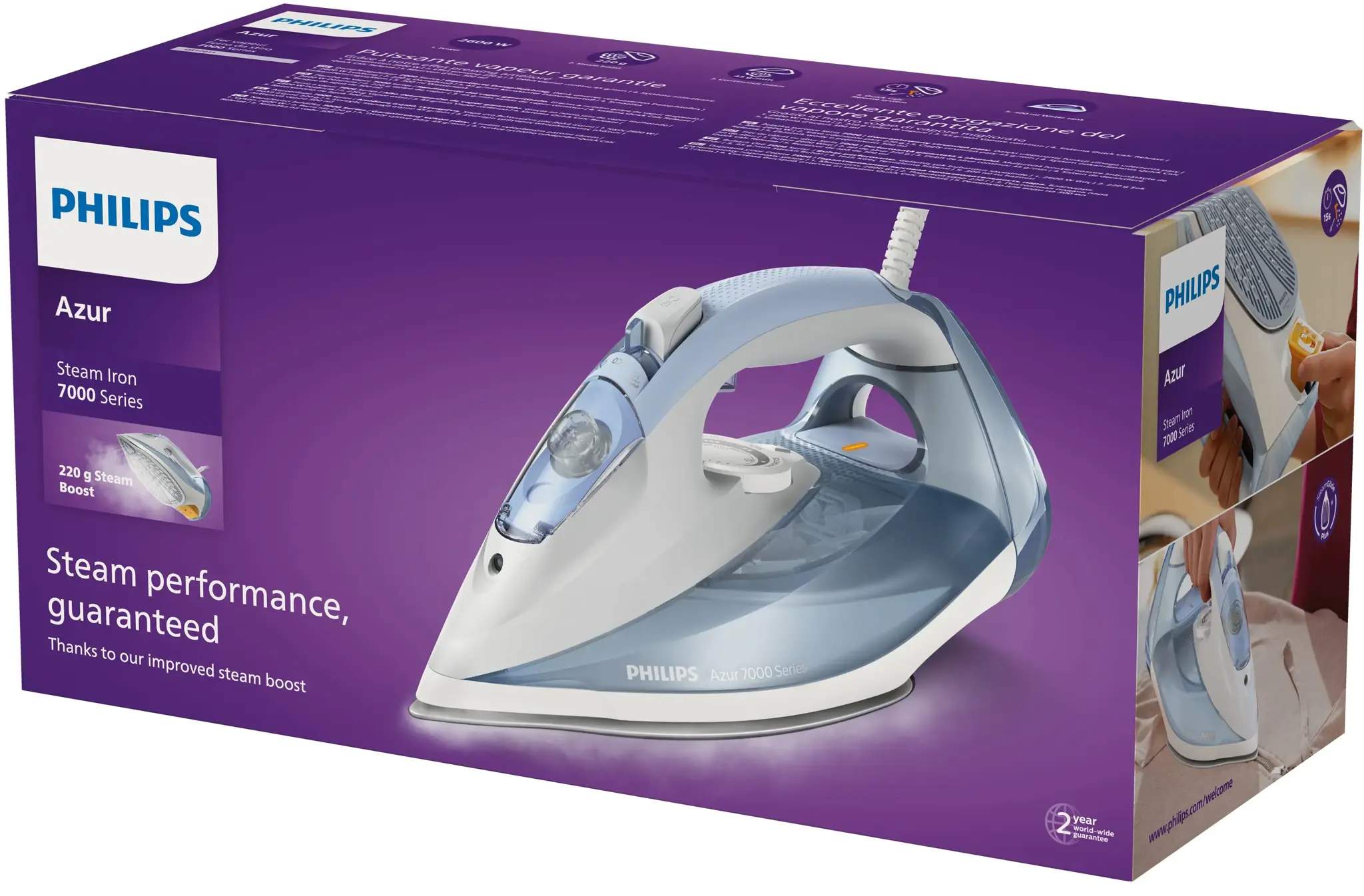 "Philips" 7000 serijos DST7011/20, garinis lygintuvas, "SteamGlide Plus" padas, 2 m, 220 g/min, mėlynas, pilkas, 45 g/min