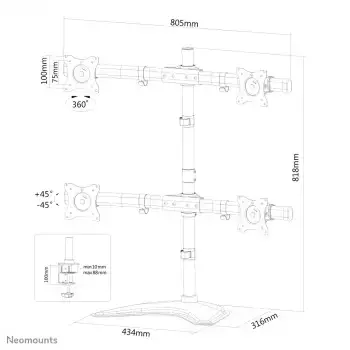 "Neomounts by Newstar" Pasirinkite "Neomounts" monitoriaus laikiklis ant stalo, tvirtinimo/prisukimo/laisvai pastatomas, 8 kg, 25,4 cm (10"), 68,6 cm (27"), 100 x 100 mm, juodas