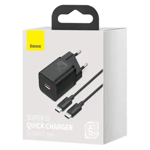 "Baseus Super-Si" greitasis įkroviklis 1C 25W ES rinkiniai juodos spalvos (su mini baltu kabeliu nuo C tipo iki C tipo 3A 1 m juodu) (juoda)