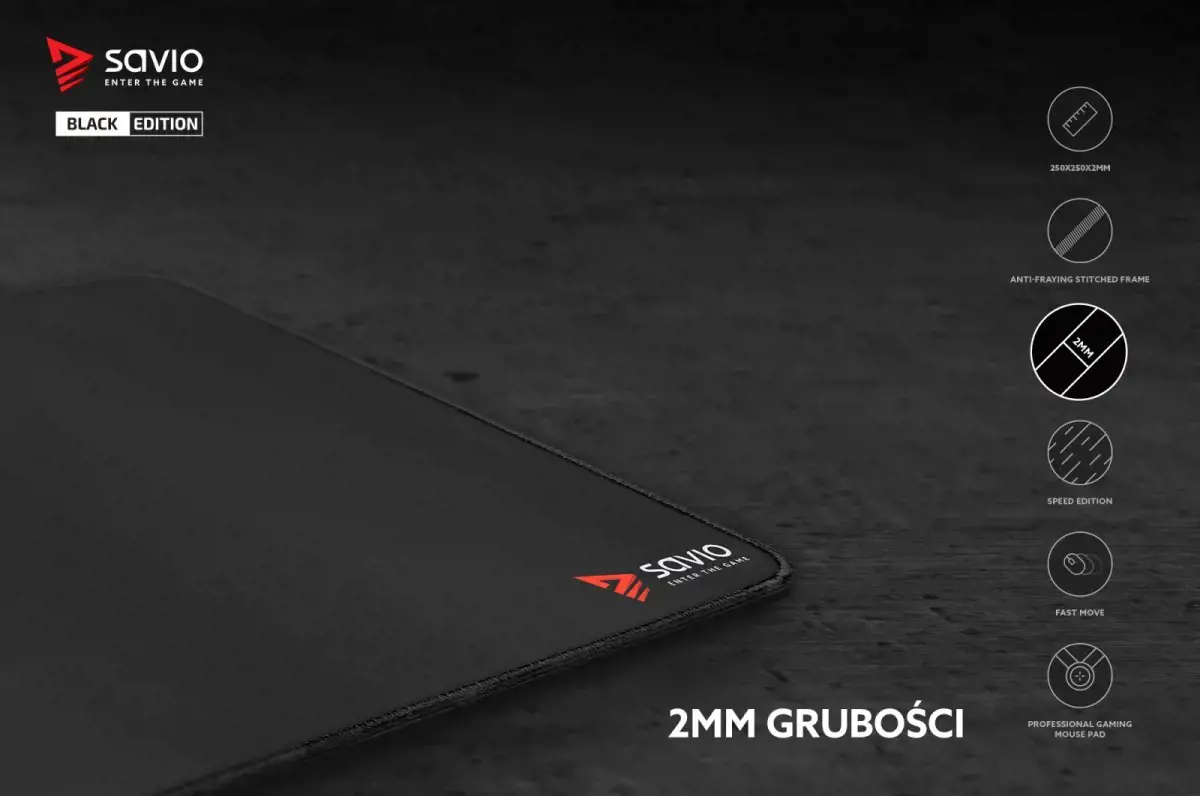 SAVIO ŽAIDIMŲ PELĖS KILIMĖLIS 250X250X2MM, DYGSNIUOTAIS KRAŠTAIS BLACK EDITION TURBO DYNAMIC S
