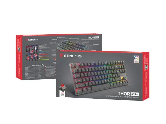 "Genesis THOR 303 TKL", mechaninė žaidimų klaviatūra, RGB LED apšvietimas, JAV, juoda, laidinė, A tipo USB