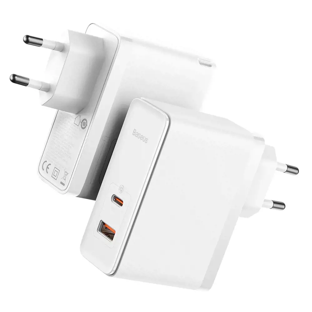"Baseus GaN5 Pro" sieninis įkroviklis USB-C + USB, 100 W + 1 m kabelis (baltas)