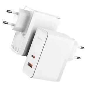 "Baseus GaN5 Pro" sieninis įkroviklis USB-C + USB, 100 W + 1 m kabelis (baltas)