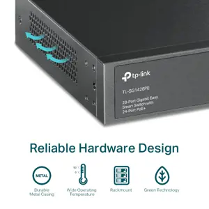 "TP-Link" 28 prievadų "Gigabit Easy Smart" komutatorius su 24 prievadais PoE+, valdomas, L2, Gigabit Ethernet (10/100/1000), maitinimas per Ethernet (PoE), montuojamas į 1U stovą