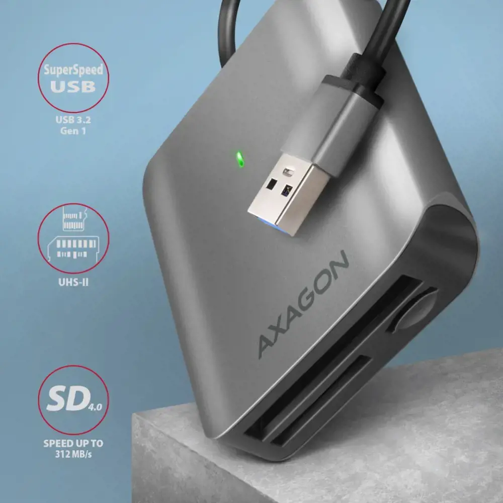 "Axagon Aluminum" greitaeigis USB-A 3.2 Gen 1 atminties kortelių skaitytuvas. 3 lizdai, UHS-II.