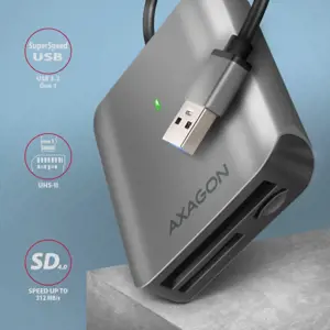 "Axagon Aluminum" greitaeigis USB-A 3.2 Gen 1 atminties kortelių skaitytuvas. 3 lizdai, UHS-II.