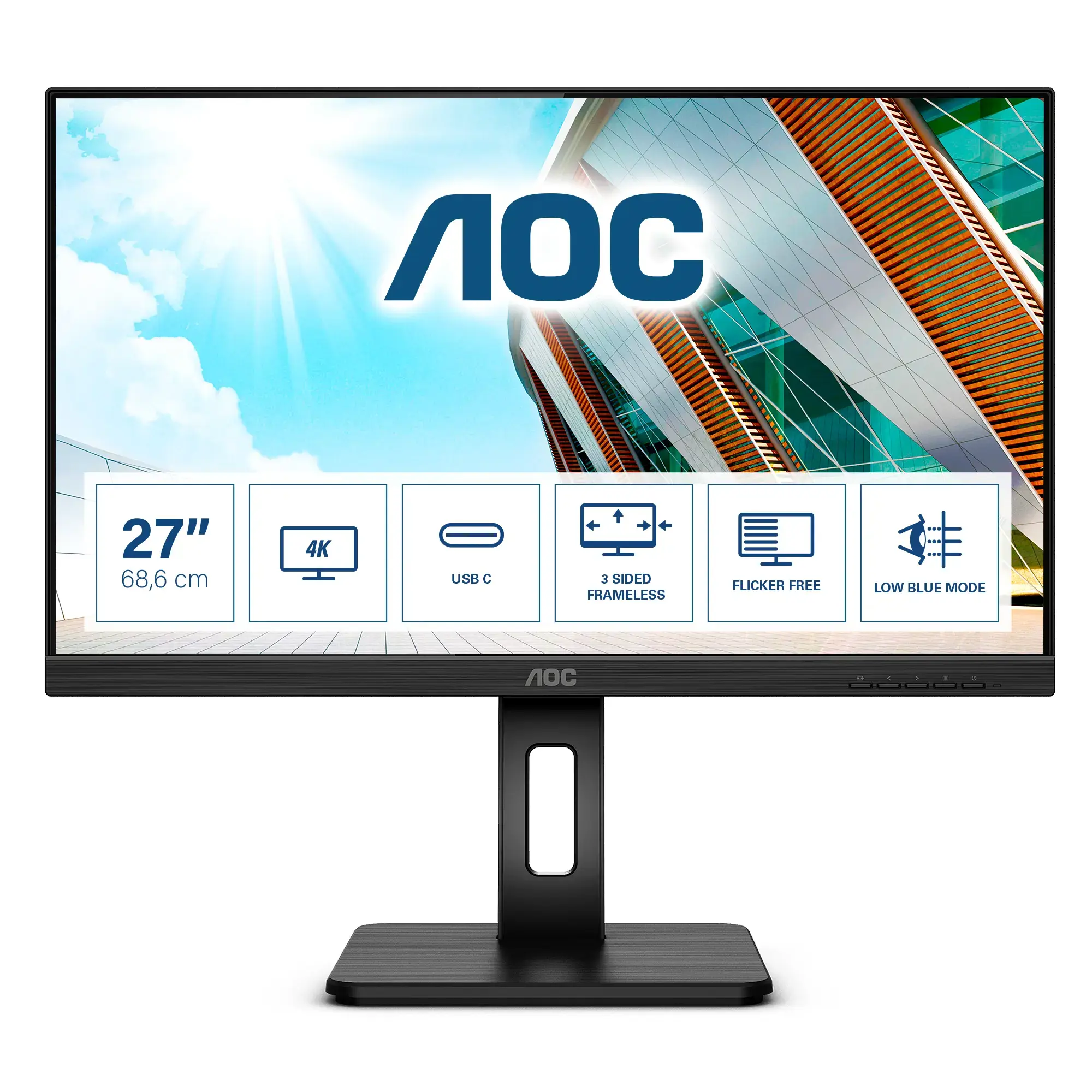Monitorius AOC U27P2CA, 68.6 cm (27"), 3840 x 2160 pixels, 4K Ultra HD, LED, 4 ms, Black