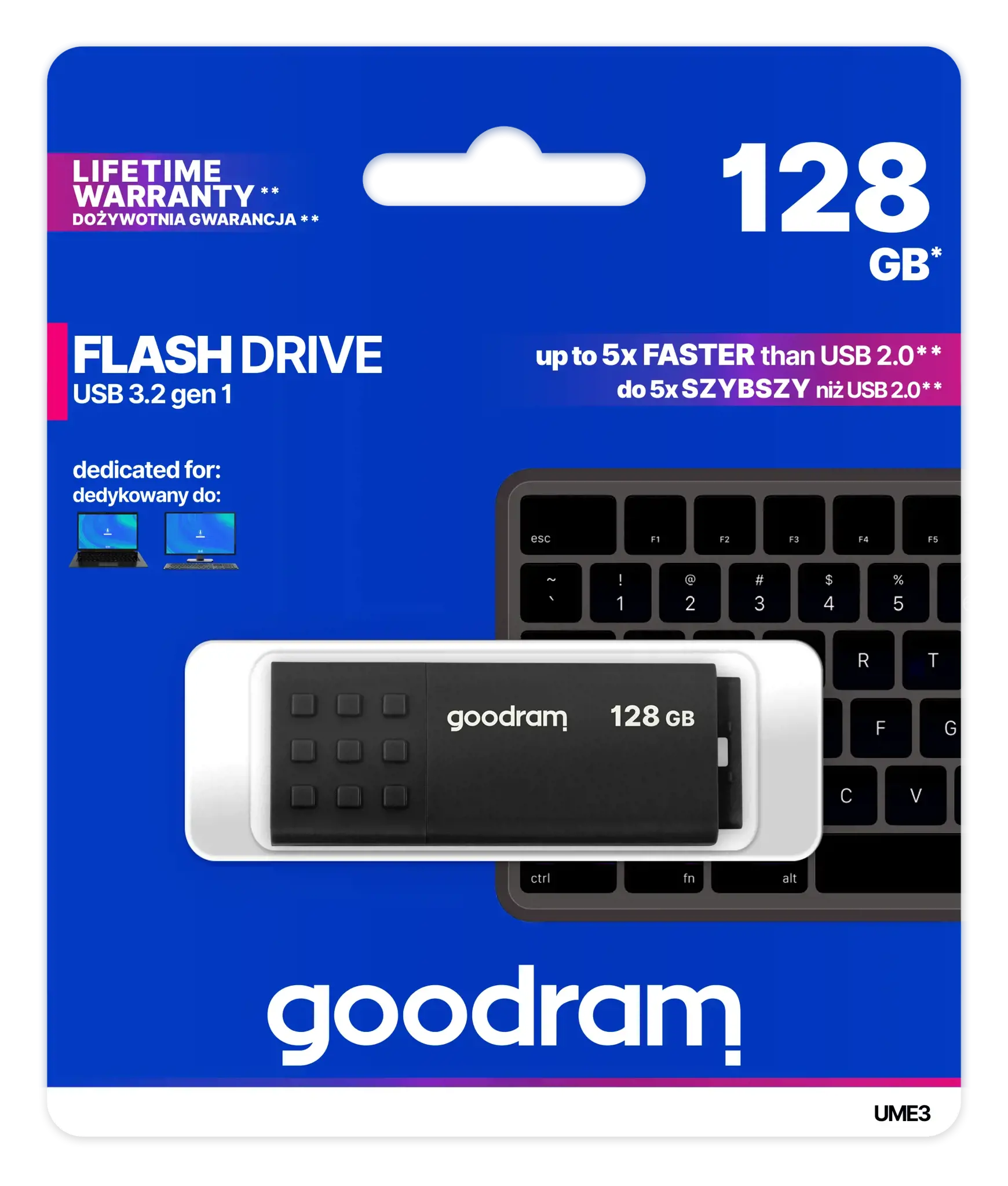 "Goodram UME3", 128 GB, A tipo USB, 3.2 Gen 1 (3.1 Gen 1), 60 MB/s, dangtelis, juoda