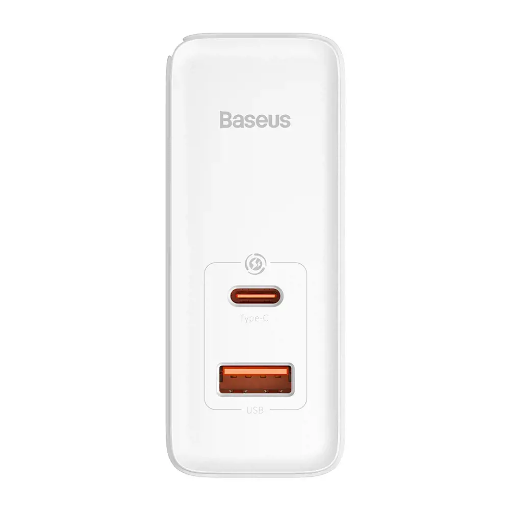 "Baseus GaN5 Pro" sieninis įkroviklis USB-C + USB, 100 W + 1 m kabelis (baltas)