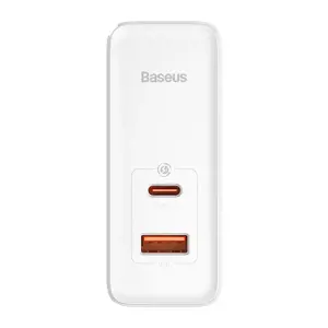 "Baseus GaN5 Pro" sieninis įkroviklis USB-C + USB, 100 W + 1 m kabelis (baltas)