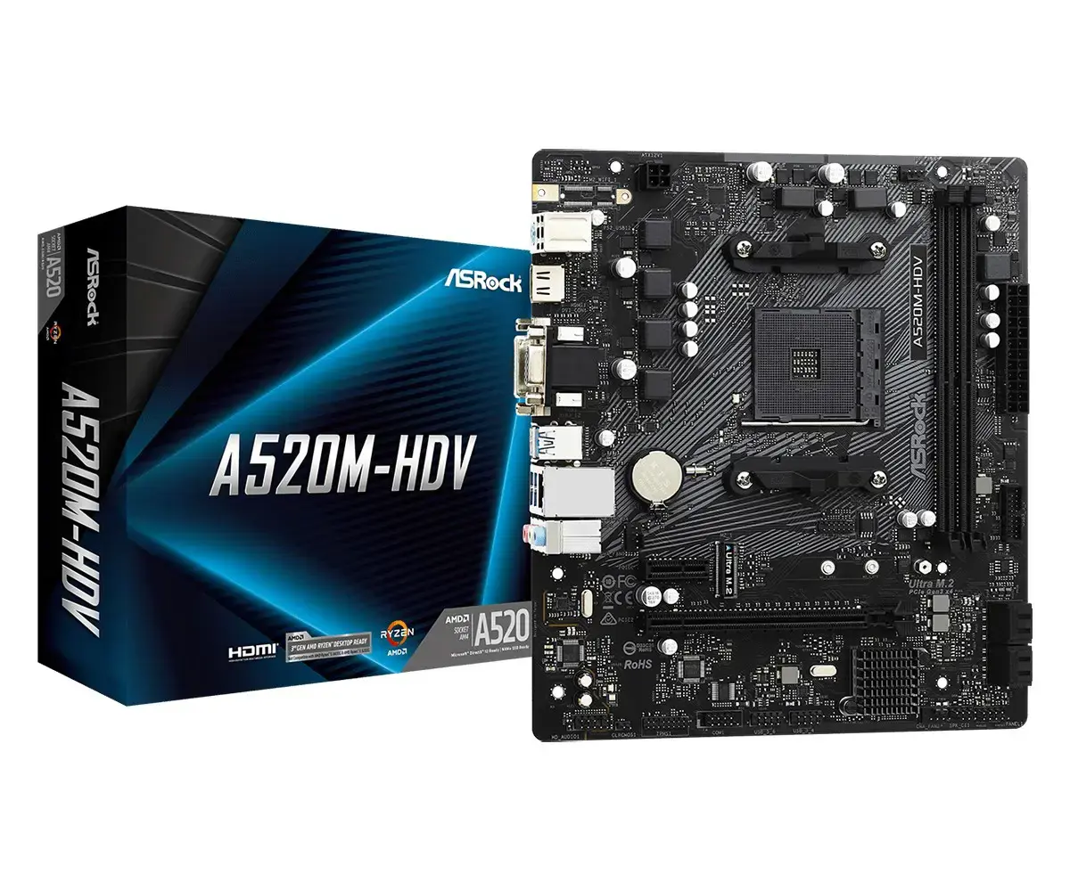 ASROCK A520M-HDV AM4 mATX MB 2xDDR4 4xSATA3 1xUltra M.2 1xPCIe 3.0x16 1xPCIe 3.0 x1 D-Sub DVI-D HDMI 7.1 CH HD Audio