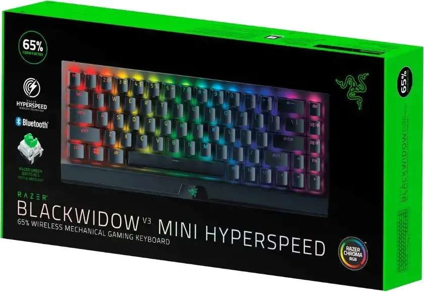 "Razer BlackWidow V3 Mini HyperSpeed" mechaninė žaidimų klaviatūra, RGB LED apšvietimas, "Nordic", belaidė, juoda, geltonas jungiklis