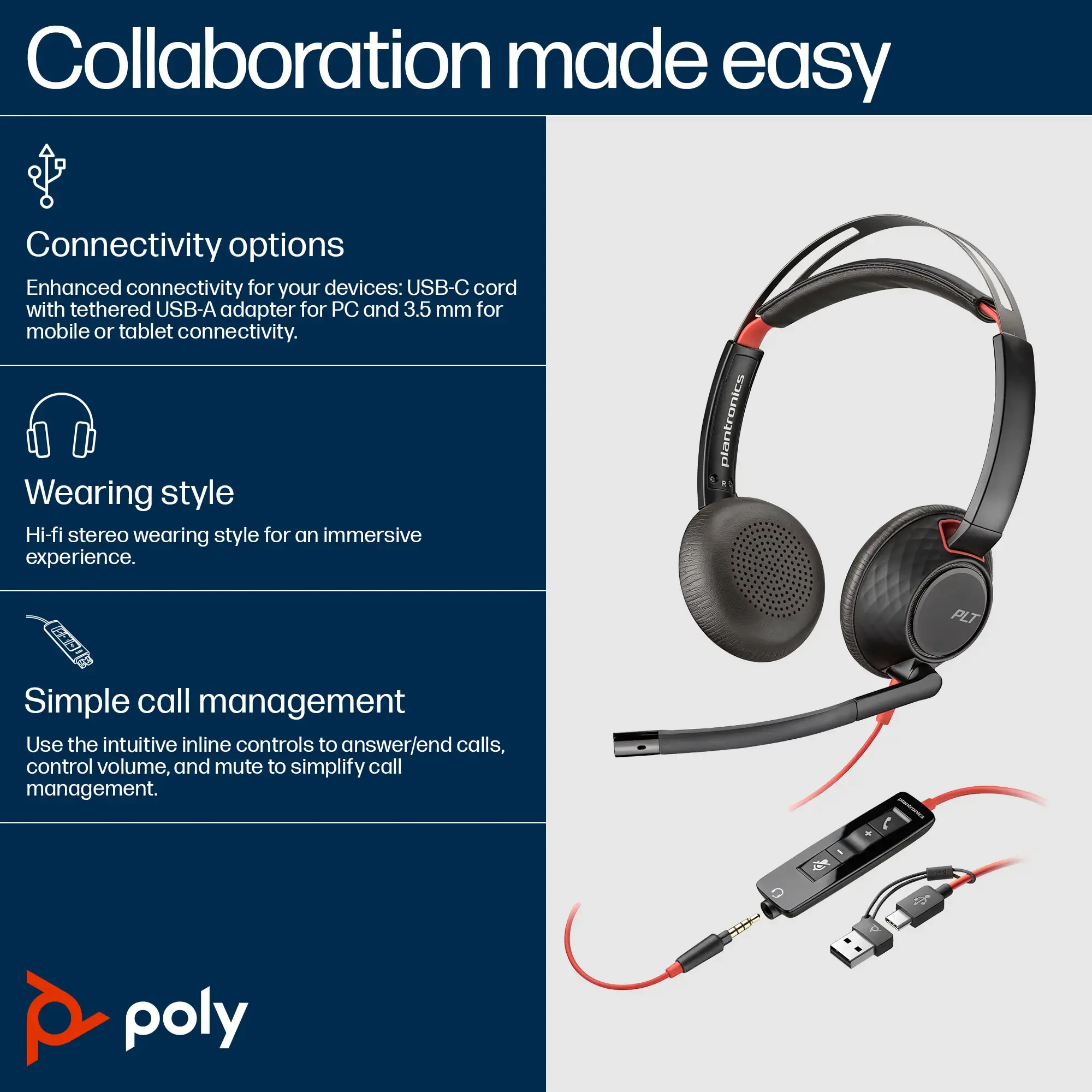 POLY Blackwire 5220 Stereo USB-C Headset +3.5mm Plug +USB-C/A Adapter, Wired, Business/Everyday, 162.5 g, Headset, Black