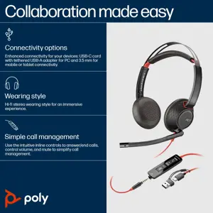 POLY Blackwire 5220 Stereo USB-C Headset +3.5mm Plug +USB-C/A Adapter, Wired, Business/Everyday, 162.5 g, Headset, Black