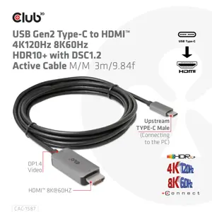 CLUB3D USB Gen2 Type-C to HDMI 4K120Hz 8K60Hz HDR10 with DSC1.2 Active Cable M/M 3m / 9.84ft, USB Gen2 Type-C, HDMI Type A (Standard), 3 m, Black