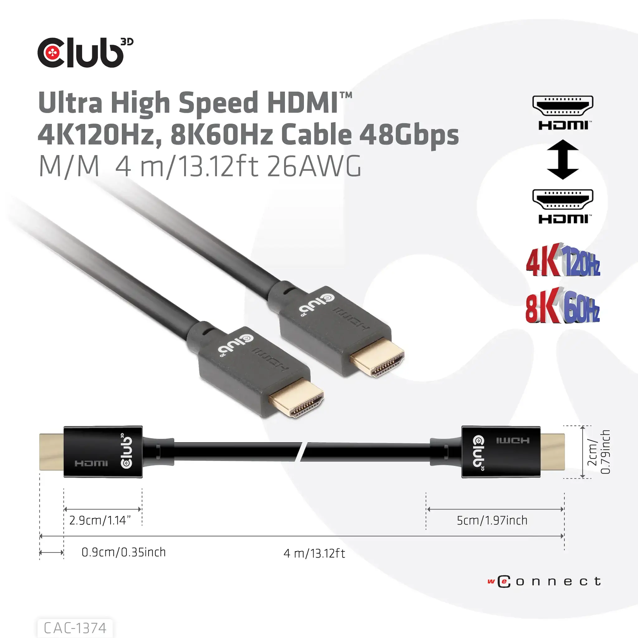 CLUB3D Ultra High Speed HDMI™ 4K120Hz, 8K60Hz Cable 48Gbps M/M 4 m/13.12ft 26AWG, 4 m, HDMI Type A (Standard), HDMI Type A (Standard), Black
