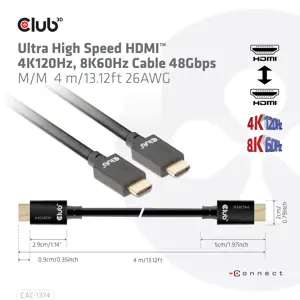 CLUB3D Ultra High Speed HDMI™ 4K120Hz, 8K60Hz Cable 48Gbps M/M 4 m/13.12ft 26AWG, 4 m, HDMI Type A (Standard), HDMI Type A (Standard), Black