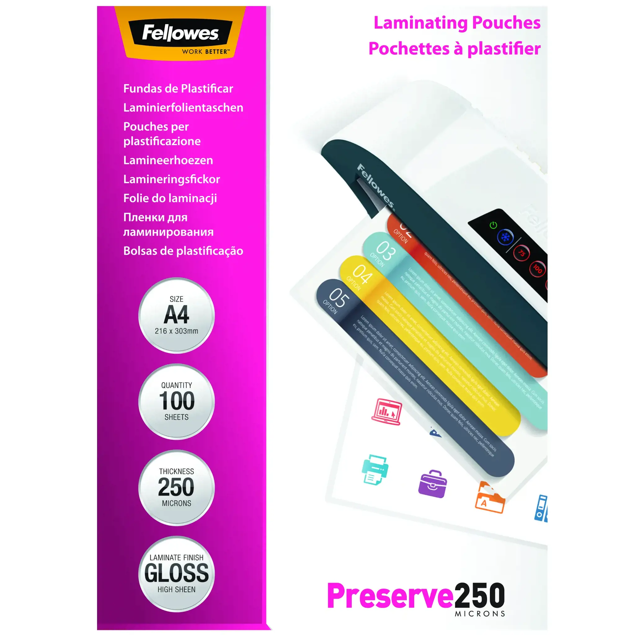 "Fellowes" A4 blizgus 250 mikronų laminavimo maišelis - 100 pakuočių, permatomas, blizgus, A4, 0,25 mm, 210 mm, 1 mm