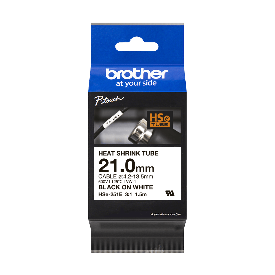 Brother HSE-251E, Black on white, Heat shrink tube, China, 2.1 cm, 69 mm, 160 mm