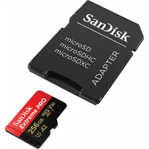 "SanDisk Extreme PRO microSDXC 256GB + SD adapteris + 2 metų "RescuePRO Deluxe" iki 200MB/s ir 140MB/s skaitymo/rašymo greitis A2 C10 V30 UHS-I U3; EAN:619659188542
