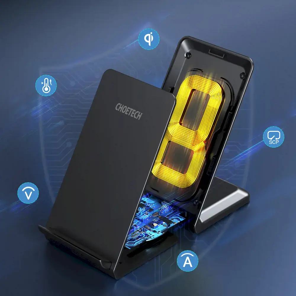 Choetech two-coil fast wireless charger 15W stand black + 1.2m micro USB cable (T524-F)