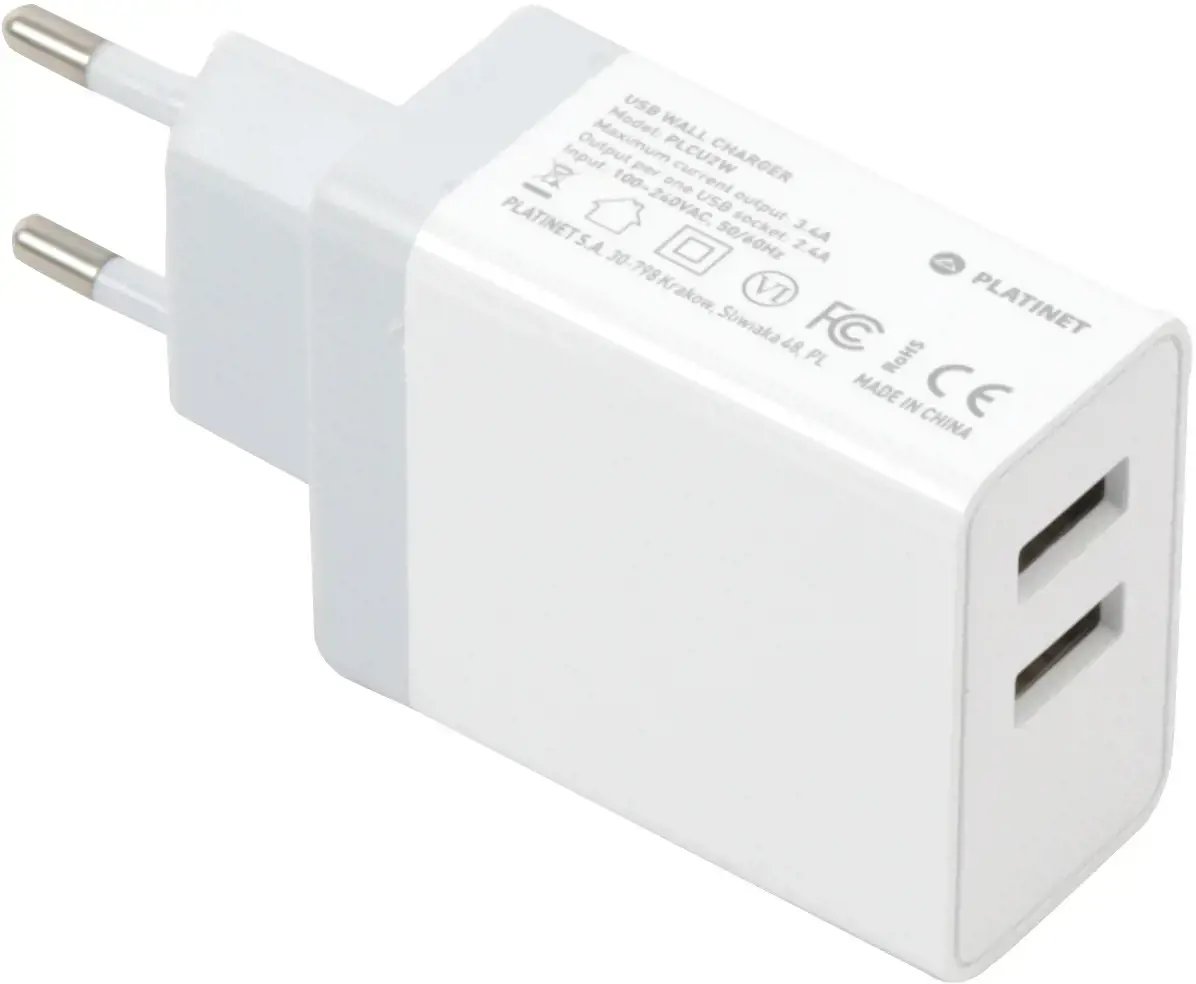 Platinet USB įkroviklis + laidas 2xUSB 3.4A, baltas (43723)