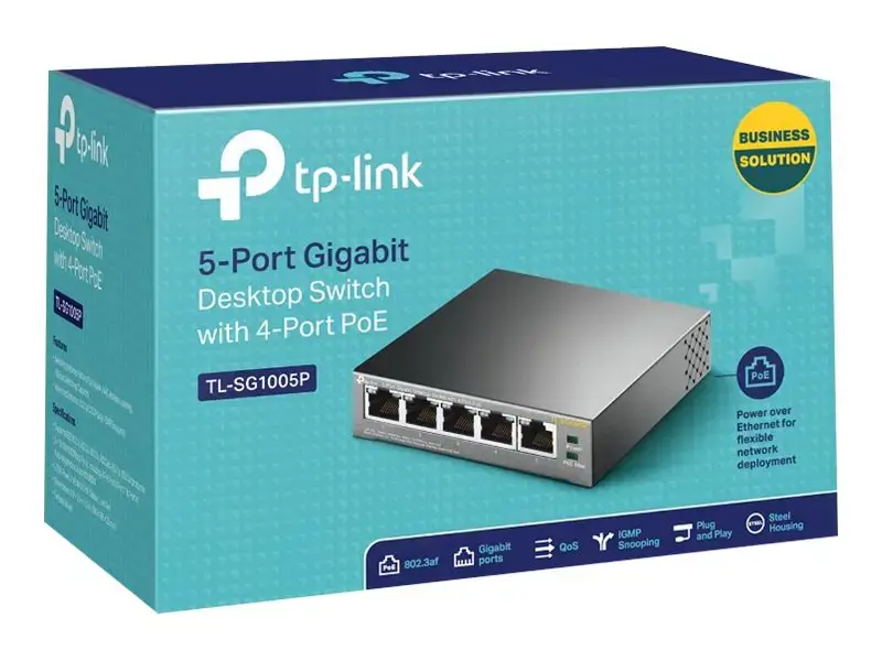 TP-LINK 5 prievadų gigabitinis stalinis komutatorius su 4 PoE prievadais 5 Gigabit RJ45 prievadai, įskaitant 4 PoE prievadus 56 W PoE maitinimo šaltinis Plieninis korpusas