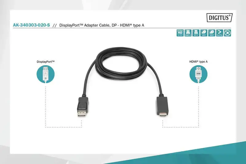ASSMANN DisplayPort adapterio kabelis DP - HDMI Type A St / St 2.0m w / War. DP 1.2 HDMI 2.0 4K / 60Hz CE juodas