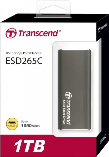 Išorinis SSD diskas TRANSCEND ESD265C 1TB USB-C 3D NAND Įrašymo greitis 950 MBajtų/sek Skaitymo greitis 1050 MBajtų/sek TS1TESD265C