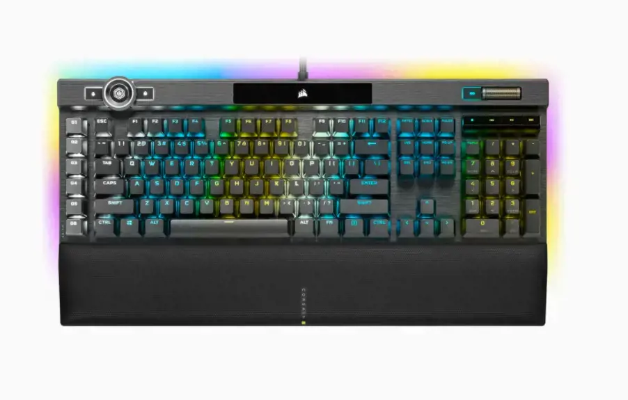 CORSAIR K100 RGB optinė mechaninė žaidimų klaviatūra su RGB LED apšvietimu CORSAIR OPX RAPIDFIRE juoda PBT klaviatūra