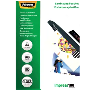 Fellowes A4 Glossy 100 Micron Laminating Pouch - 100 pack, Transparent, Plastic, A4, 210 mm, 1 mm, …