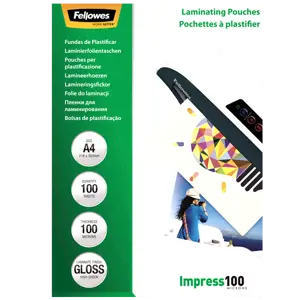 "Fellowes" A4 blizgus 100 mikronų laminavimo maišelis - 100 pakuočių, skaidrus, plastikinis, A4, 21…