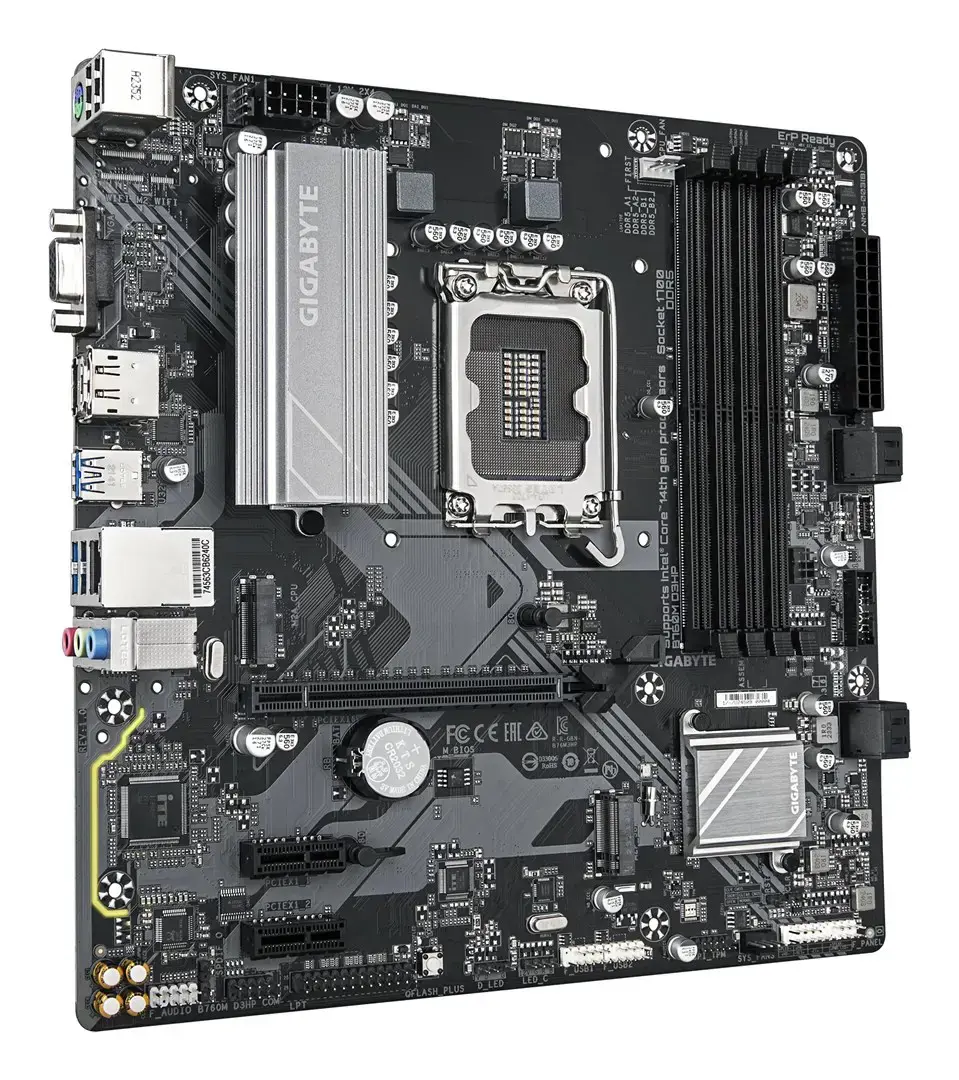 Mainboard GIGABYTE Intel B760 Express LGA1700 Micro-ATX Memory DDR5 Memory slots 4 2xPCI-Express 3.0 1x 1xPCI-Express 4.0 16x 2xM.2 1x15pin D-sub 1xHDMI 1xDisplayPort 2xUSB 2.0 5xUSB 3.2 1xUSB-C 1xPS/2 1xRJ45 3xAudio port B760MD3HP1.0