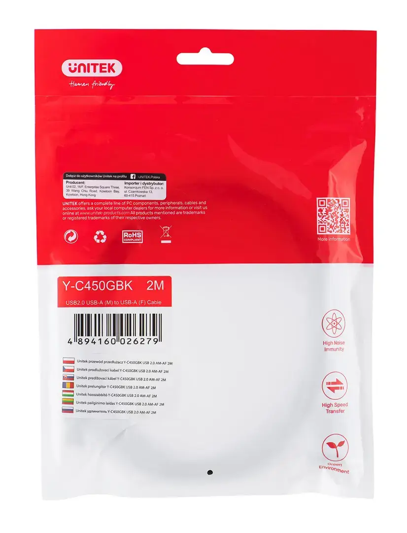 UNITEK Y-C450GBK Unitek USB prailgintuvas USB2.0 AM-AF, 2,0 m Y-C450GBK